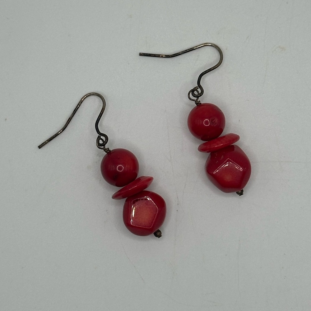 Vintage Red Coral Pierced Earrings Dangle Drop Design 3 Stones Handmade 1.75”